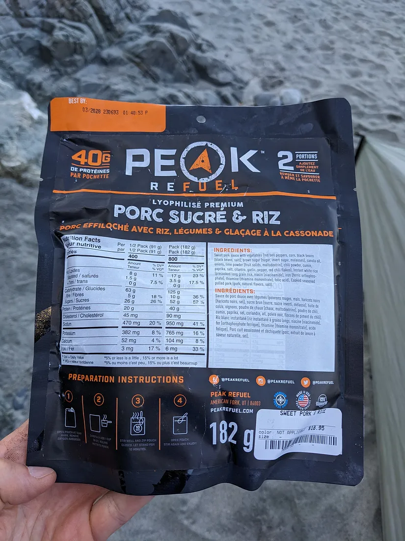 Peak Refuel Sweet Pork and Rice nutritional info and back of packaging